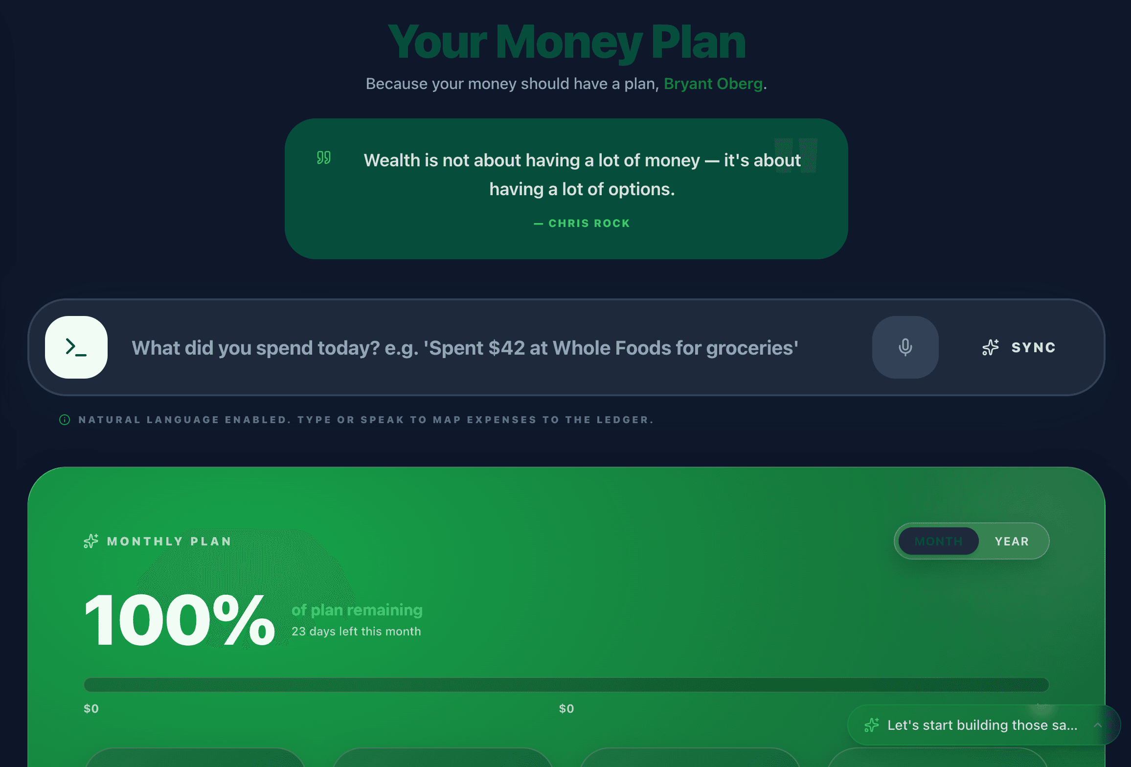 Your Money Plan Dashboard - Plan tracking, expense logging, and financial insights